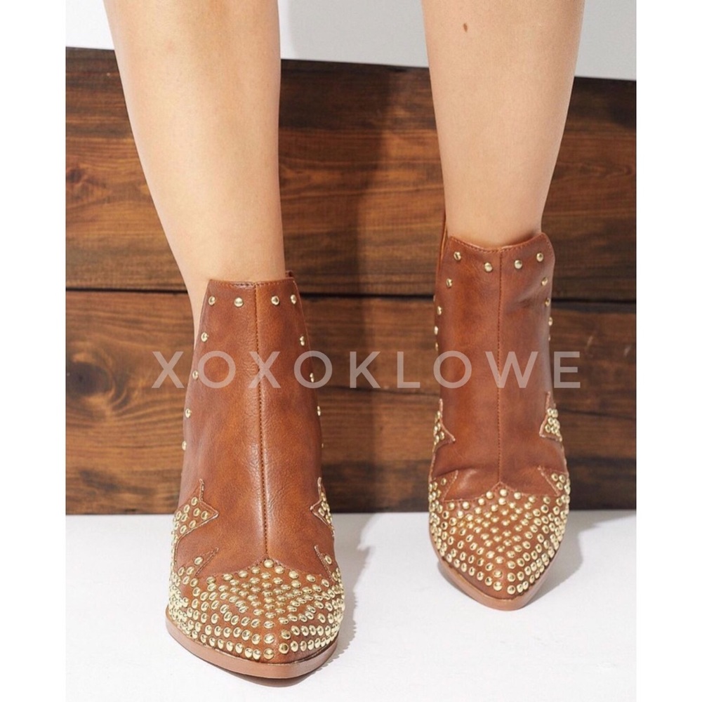 MATA Tan Studded Western Ankle Boots | Vegan Leather - Picture 5 of 11